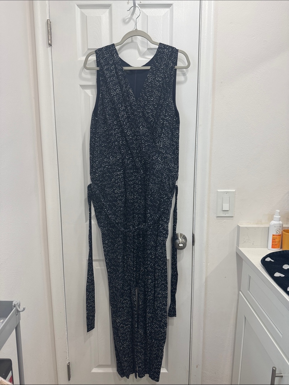 Talbots Navy Blue with White Circles Printed Sleeveless V neck Jumpsuit